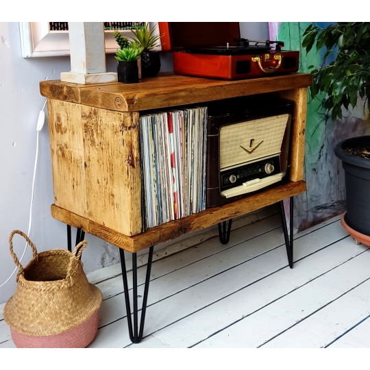 LELELINKY Supporto Per Dischi In Legno 4 Ripiani - Tavolo Per Giradischi Mid-Century, Marrone Rustico, Contiene Fino A 100 Vinili